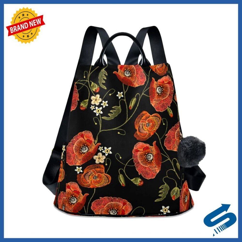 Embroidery Poppies Backpack Purse Anti-Theft Travel Daypack Women's Fashion